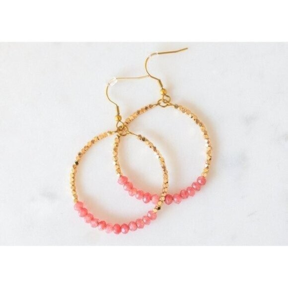 Red Jade Pink Sparkly Gold Beaded Earring Gemstone dangle hoops vacation jewelry - Picture 1 of 10
